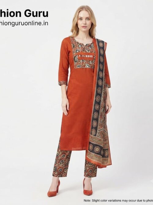 Mirror Work Ajrakh Dress Set with Contrast Dupatta - Rust, L-40