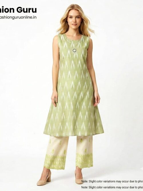 Ikkat Print Co-ord Set - Pista Green, L-40