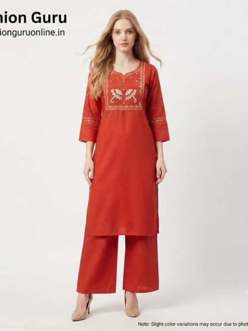 Elegant Embroidery Co-ord Set  - Rust, M-38