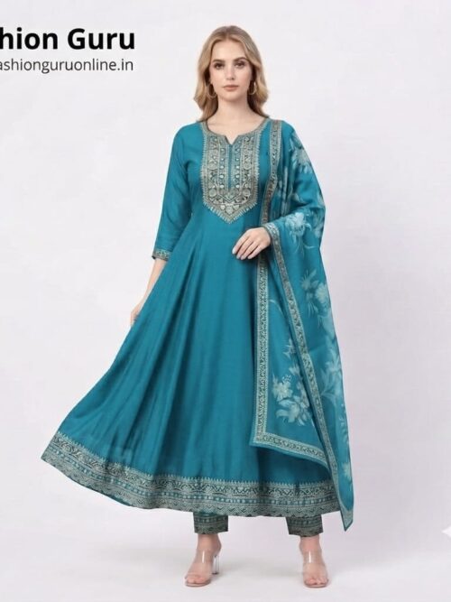Party Wear Anarkali Suit with Digital Print Dupatta - Aqua Blue, M-38