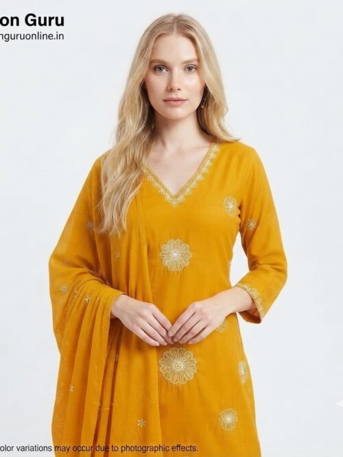 Flower Embroidery Kurti Set with Dupatta