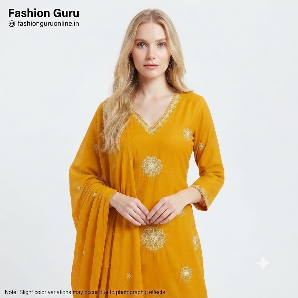 Flower Embroidery Kurti Set with Dupatta