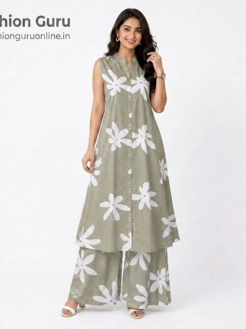 Stand Collar Co-ord Set - Olive Green, XL-42