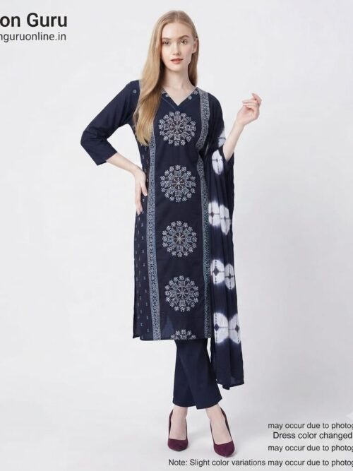 Katha Work Kalamkari Print Dress Suit - Navy Blue, L-40