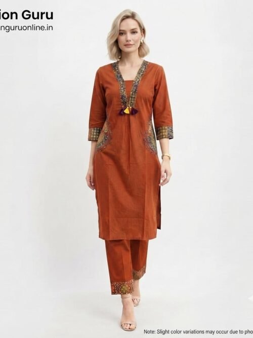 Two Pocket Ajrakh Co-ord Set - Rust, M-38