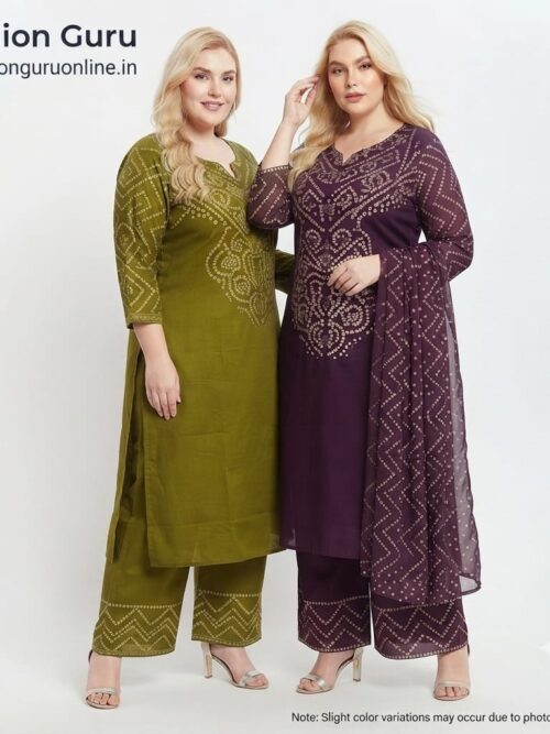 Plus Size Viral Bandhani Dress Set with Cotton Dupatta