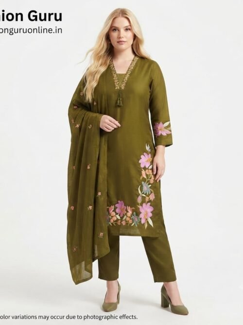 Flower Embroidery Dress with Dupatta - Mehandi Green, 6XL-52