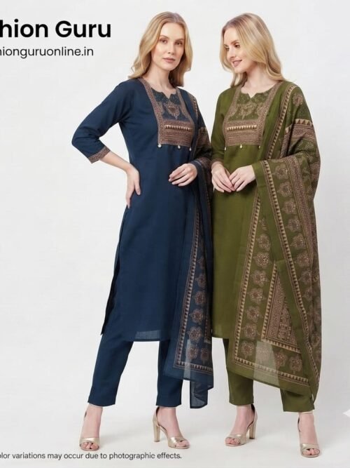 Mirror Work Ajrakh Dress Set with Dupatta