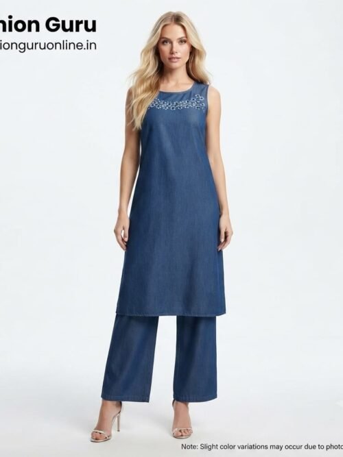 Denim Floral Embroidery Co-ord Set