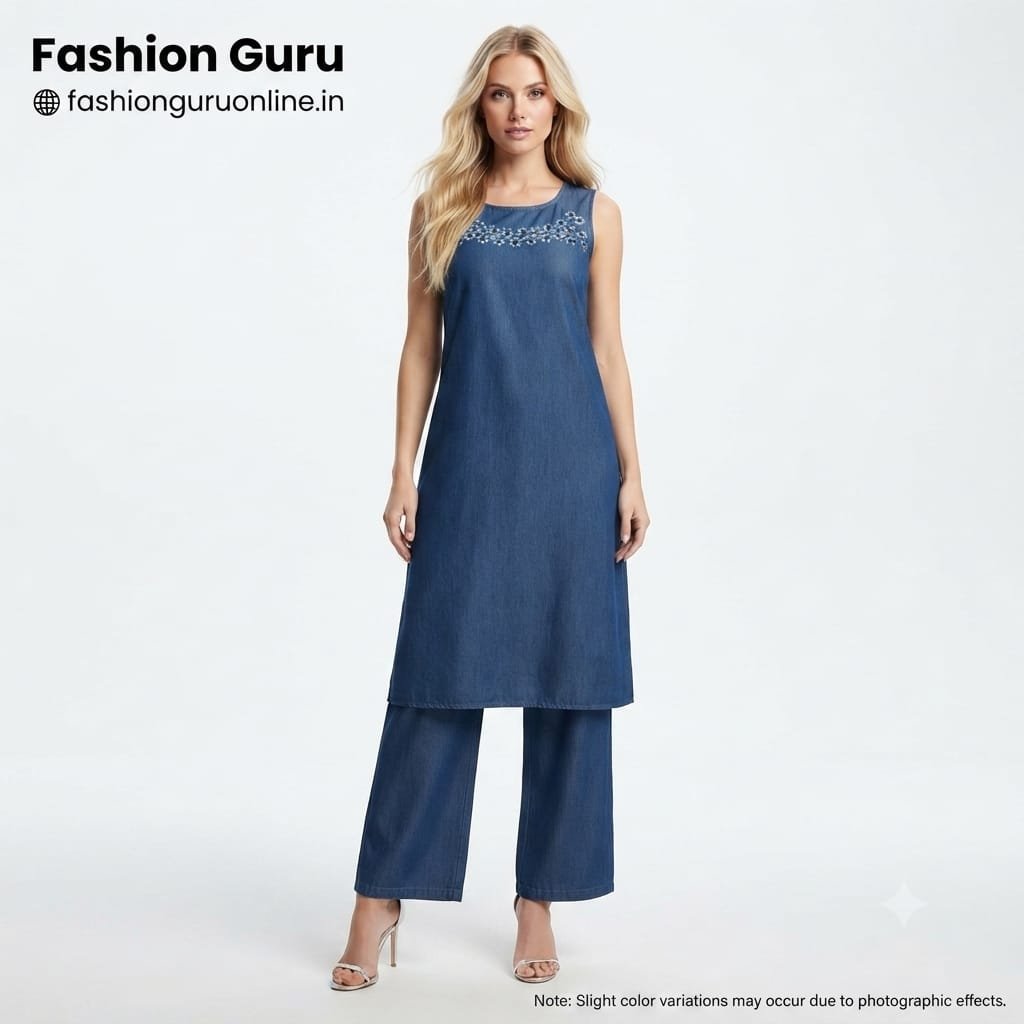 Denim Floral Embroidery Co-ord Set