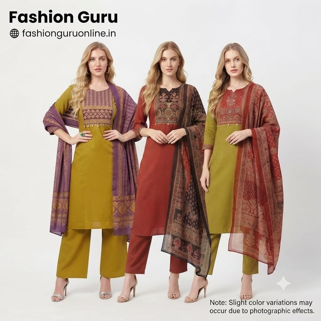 Elegant Cotton Ajrakh Dress Set with Contrast Dupatta