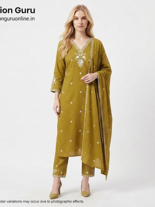 Heavy Embroidery Work Dress Set - Golden, XXL-44