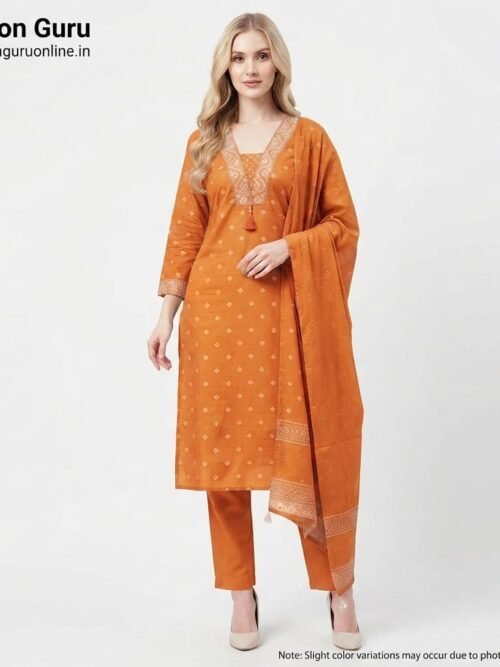 Royal Bandhani Dress with Dupatta - Orange, XXL-44
