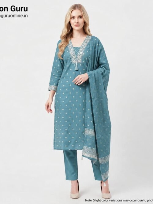 Royal Bandhani Dress with Dupatta - Light Blue, XXL-44