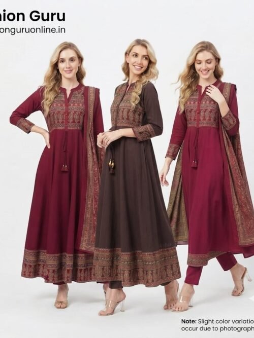Stand Collar Ajrakh Anarkali Suit with Dupatta