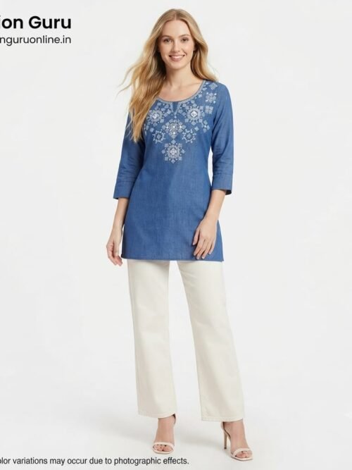 Denim Jeans-Style Top with Embroidery Work