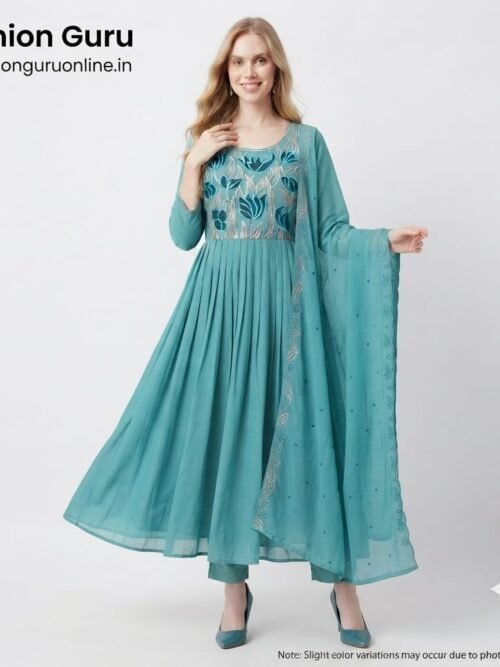 Tulip Embroidery Anarkali Set - Light Blue, XXL-44